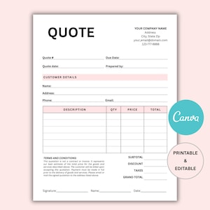 Price Quote Template Editable for Small Business, Price Quotation Form, Job Estimate Form, Price Quote Form, Job Proposal Template Canva