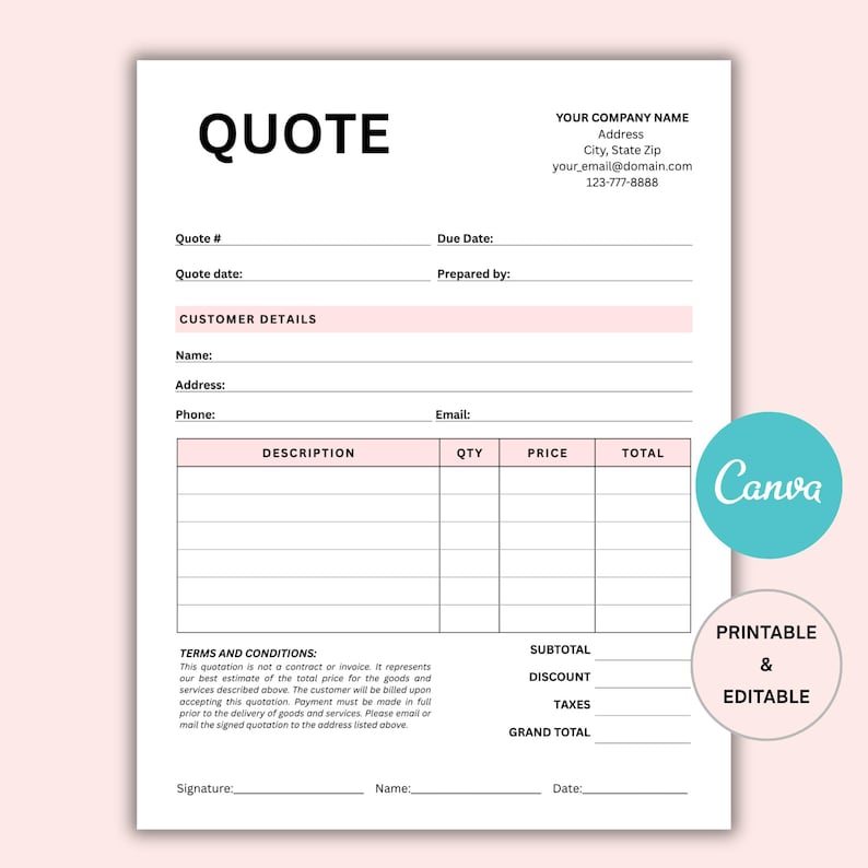 Editable Price Quote Template: Small Business Job Estimate (canva, US ...