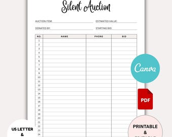 Silent Auction Bid Sheet Printable, Silent Auction Sign up Sheet, Silent Auction Bidding Sheet, Fundraiser Sheet, Sign up Sheet Canva & PDF