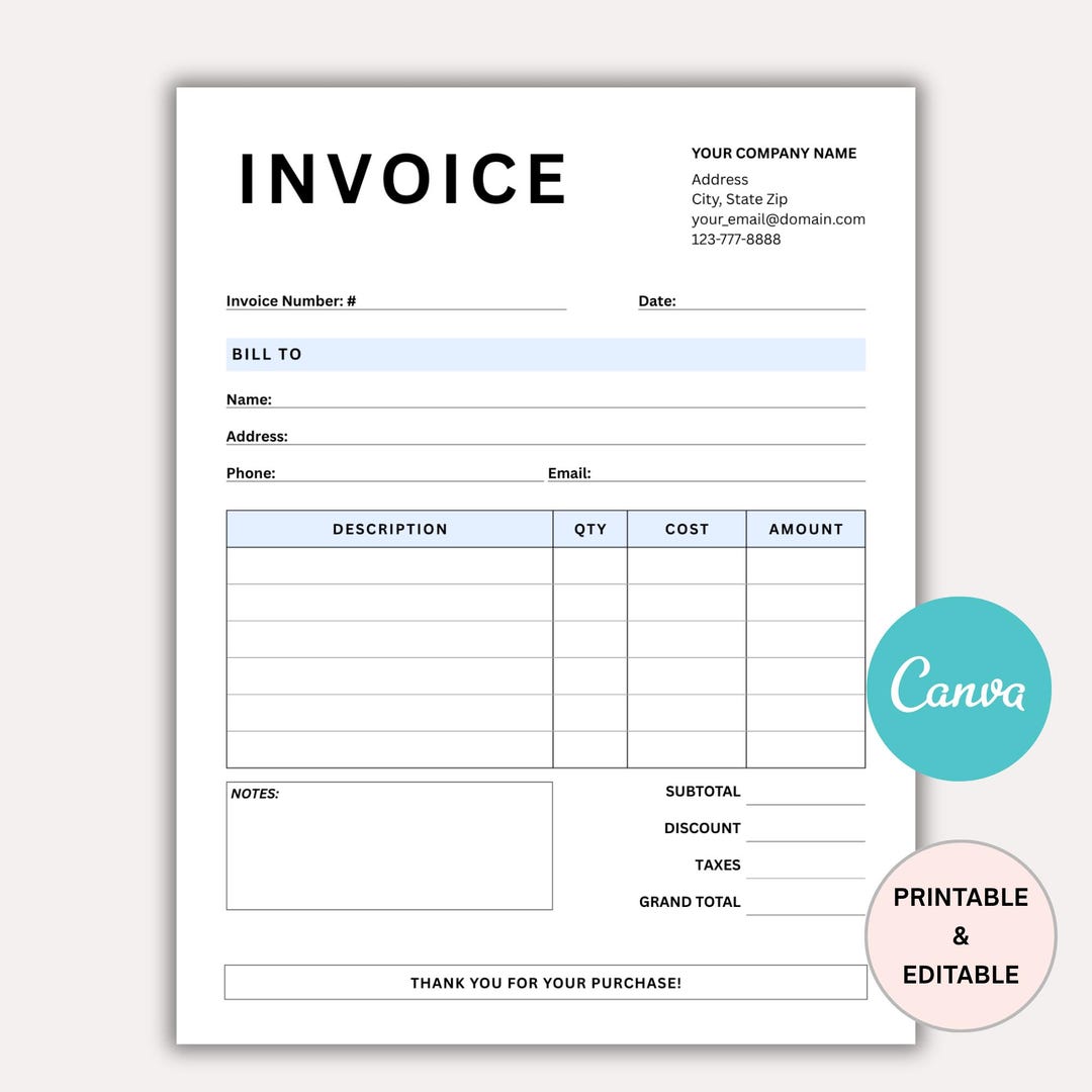 Invoice Template Editable, Printable Invoice Template, Professional ...