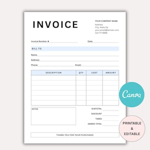 Könnte beinhalten: Eine weiße Rechnungsvorlage mit blauem Header und Abschnitten für Unternehmensinformationen, Rechnungsdetails und detaillierte Beschreibungen. Das Wort "INVOICE" steht oben. Enthält ein "Canva"-Logo und den Text "PRINTABLE & EDITABLE".