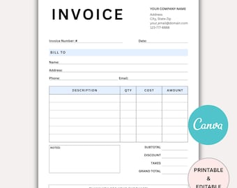 Editable Invoice Template: Professional Business Form (Canva, US Letter & A4, Digital Download)