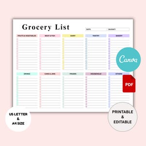 以下が含まれることがあります： 果物と野菜、肉と魚、乳製品、パントリー、ベーカリー、飲み物、缶詰と瓶詰、冷凍食品、家庭用品などのセクションがある、印刷可能な食料品リスト。「Grocery List」のテキストが含まれています。