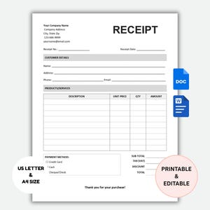 Receipt Template Editable For Small Business, Customer Order Receipt Form, Digital Sales Receipt Form Template Google Docs/Microsoft Word