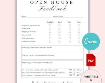 Open House Feedback Form, Real Estate Marketing, real estate open house, Editable Template, Realtor Open House Flyers, buyer feedback, PDF