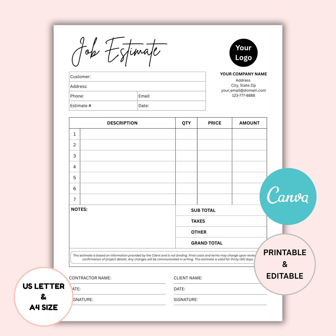 Editable Job Estimate Template | Printable Work Quote Form | Business ...