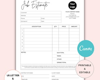 Plantilla de Canva para presupuesto de trabajo, formulario de cotización de trabajo imprimible, propuesta comercial y formulario de licitación de construcción.