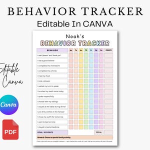 Könnte beinhalten: Ein druckbarer Verhaltenstracker mit dem Titel "Behavior Tracker" und dem Text "Editable in Canva". Der Tracker enthält Abschnitte für Verhaltensweisen, Wochentage und Punkte. Das Design ist farbenfroh mit Pastelltönen.