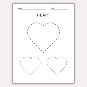 May include: A white worksheet with the word "HEART" printed at the top. The worksheet features three dotted-line heart shapes for tracing, with space for a name and date.