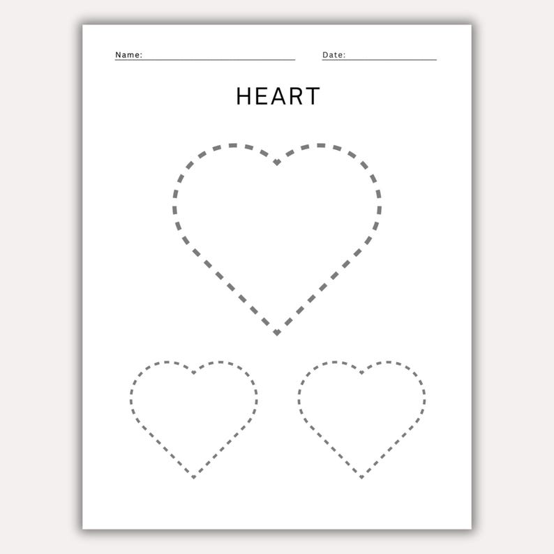 May include: A white worksheet with the word "HEART" printed at the top. The worksheet features three dotted-line heart shapes for tracing, with space for a name and date.