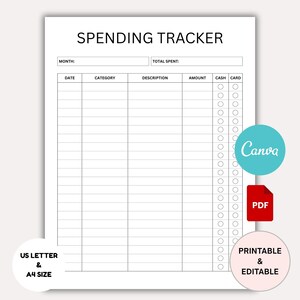 Planificador de gastos imprimible: Planificador de presupuesto editable (Plantilla de Canva en PDF, tamaño A4/A5/Carta)