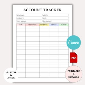 Printable Bank Balance Sheet: Finance Log, Savings Tracker (A4 & US Letter PDF)