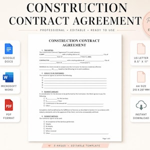 Op de afbeelding: Een wit document getiteld Construction Contract Agreement met zwarte tekst, met secties voor partijen, diensten, betalingsbedragen en methoden. Pictogrammen voor Google Docs, Word en PDF zijn aanwezig, naast A4-formaat 210 x 297 mm labels.