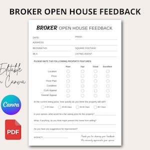 Może przedstawiać: Biały formularz opinii Broker Open House Feedback z czarnym tekstem. Formularz zawiera sekcje na datę, adres i cechy nieruchomości. Widoczne są również logo Canva i PDF.