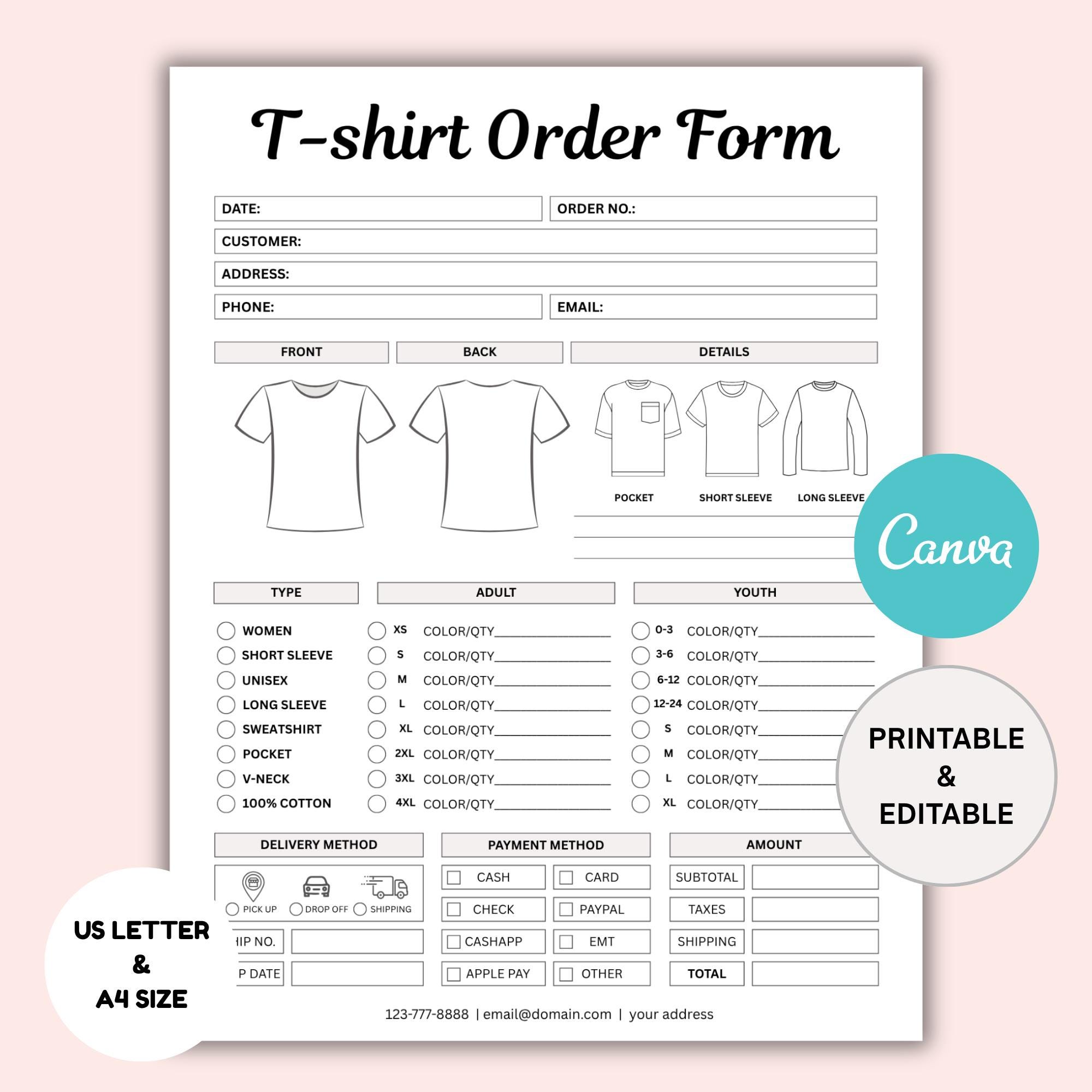 T-shirt Order Form Printable: Custom Business Template (canva Editable ...