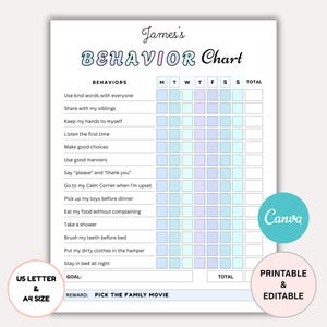 Editable Kids Behavior Reward Chart: Printable Tracker (Canva Template US Letter/A4)