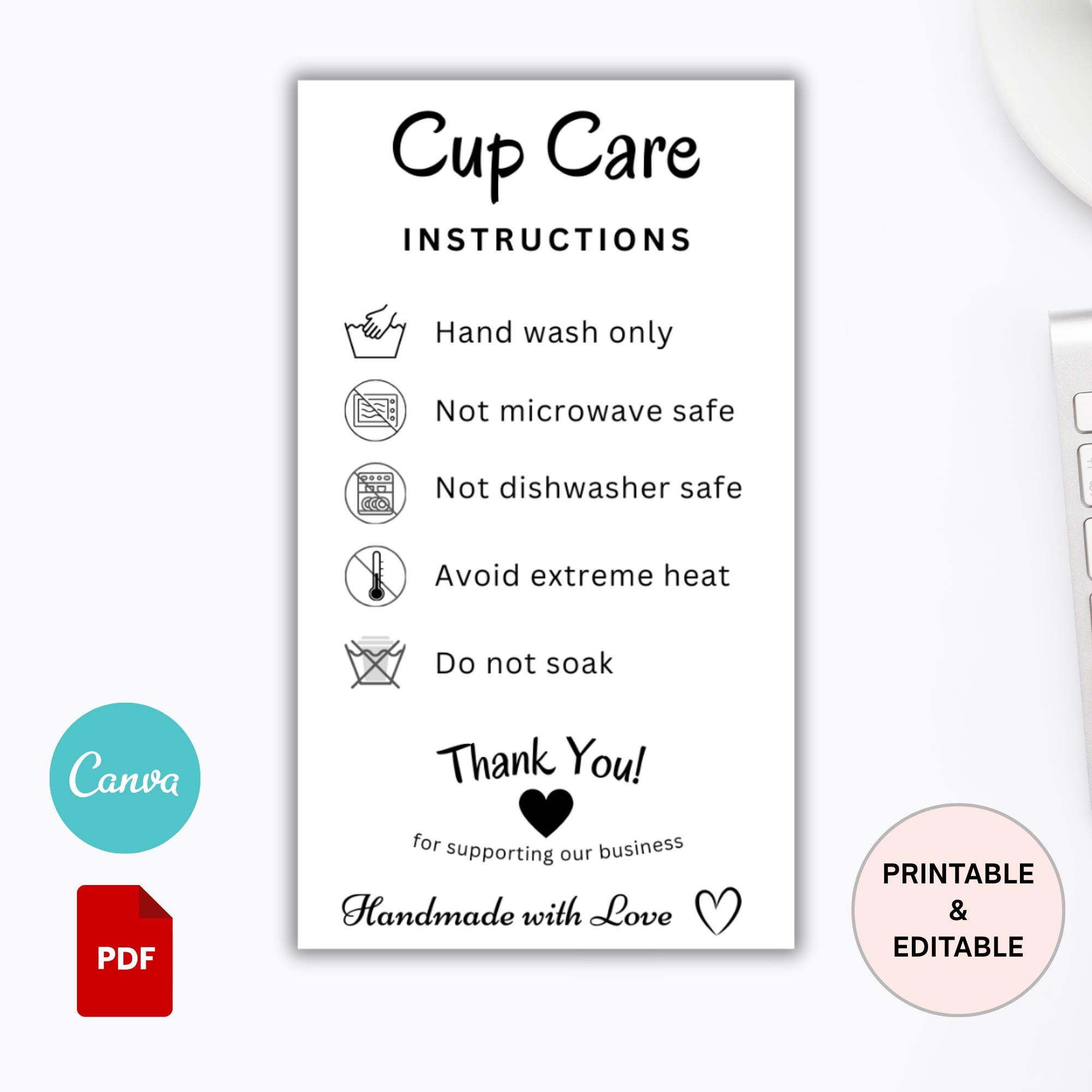 Tumbler Cup Care Instructions Card | Cup Care Card Template | Cup Care ...