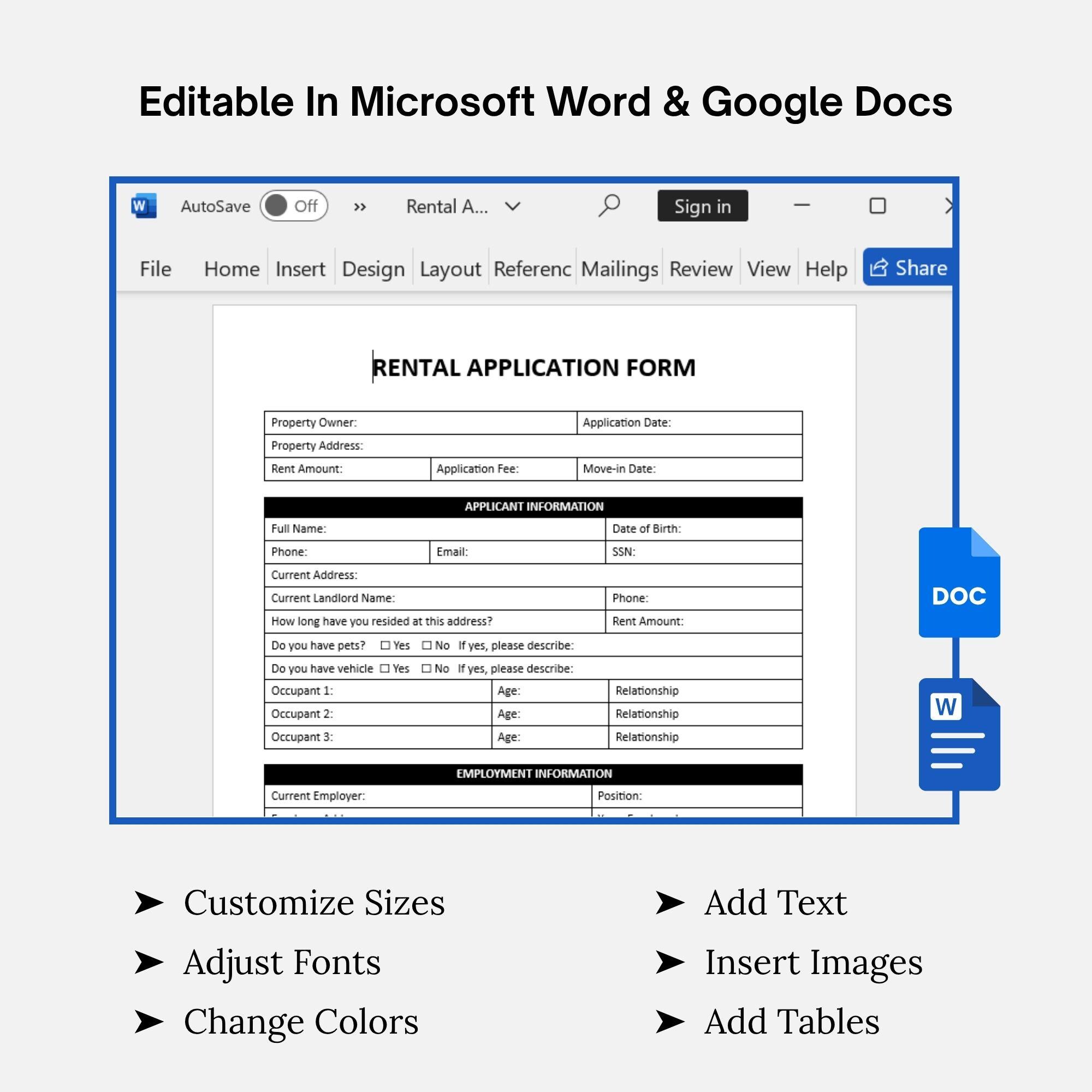 Editable Rental Application Template: Landlord Lease Form (word, PDF ...