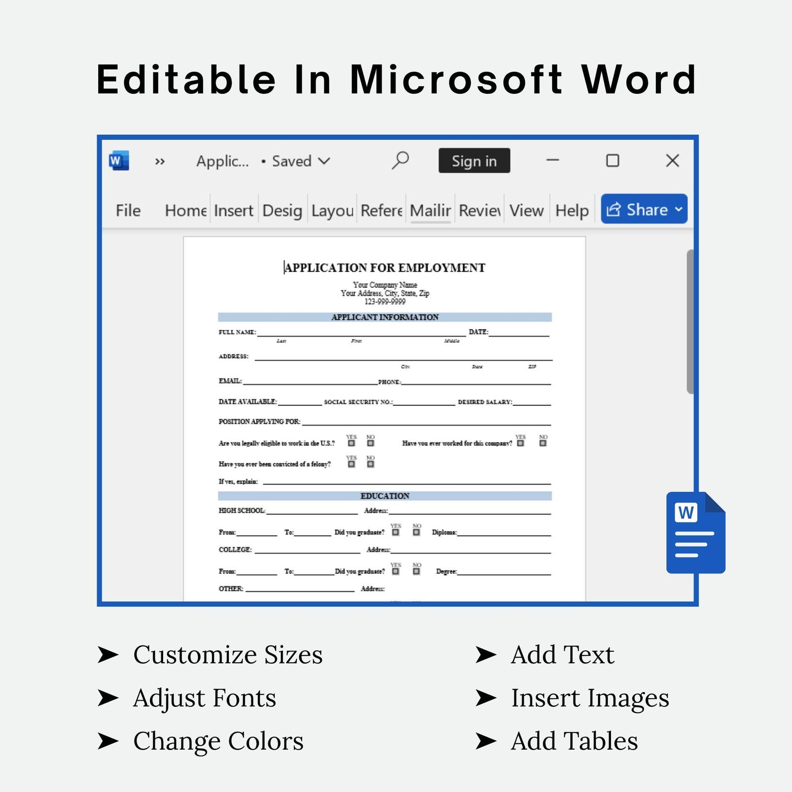 Editable Job Application Template: Microsoft Word, US Letter & A4 ...