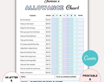 Allowance Chart for Kids, Printable Chore Chart with Allowance, Kids Reward Tracker, Weekly Responsibility Chart, Earn Money Chart