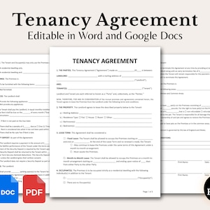 Könnte beinhalten: Eine Mietvertrags-Vorlage, bearbeitbar in Word und Google Docs, wird angezeigt. Das Dokument ist weiß mit schwarzem Text, und der Titel "Tenancy Agreement" steht oben. Symbole für Word, Doc und PDF befinden sich unten.