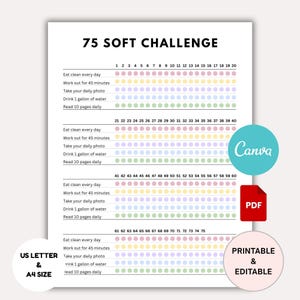 May include: A printable 75 Soft Challenge tracker with a white background. The chart includes daily tasks like eating clean, exercising for 45 minutes, and drinking water. The design includes the text "75 SOFT CHALLENGE" and is available in US Letter and A4 sizes.