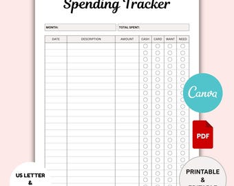 Printable Spending Tracker, Printable Monthly Budget Planner Worksheet for Bullet Journal, Monthly Budget Tracker, Monthly Budget, PDF/Canva