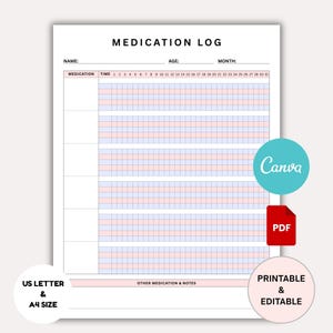 Medication Log Printable | Medicine Schedule | Weekly Medication Tracker | Medicine Log for Nurses and Caregivers Digital Download CANVA PDF