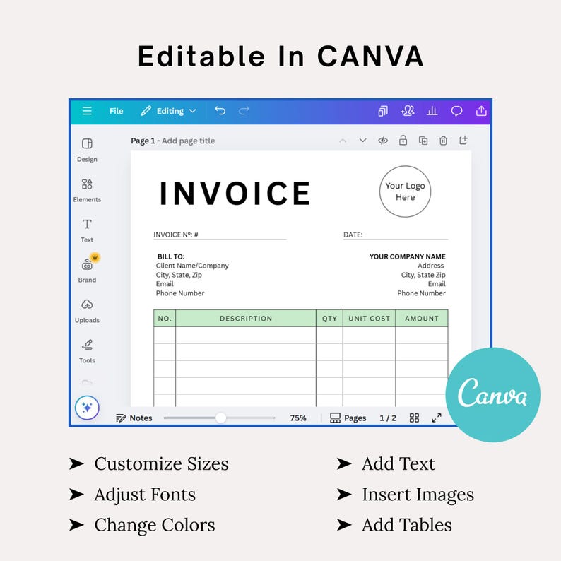 Invoice Template, Business Invoice Form, Modern Invoice Canva, Editable ...