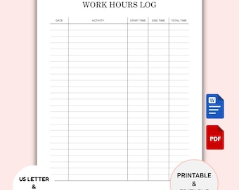 Work Log Printable: Time Sheet, Activity Tracker (PDF & WORD)
