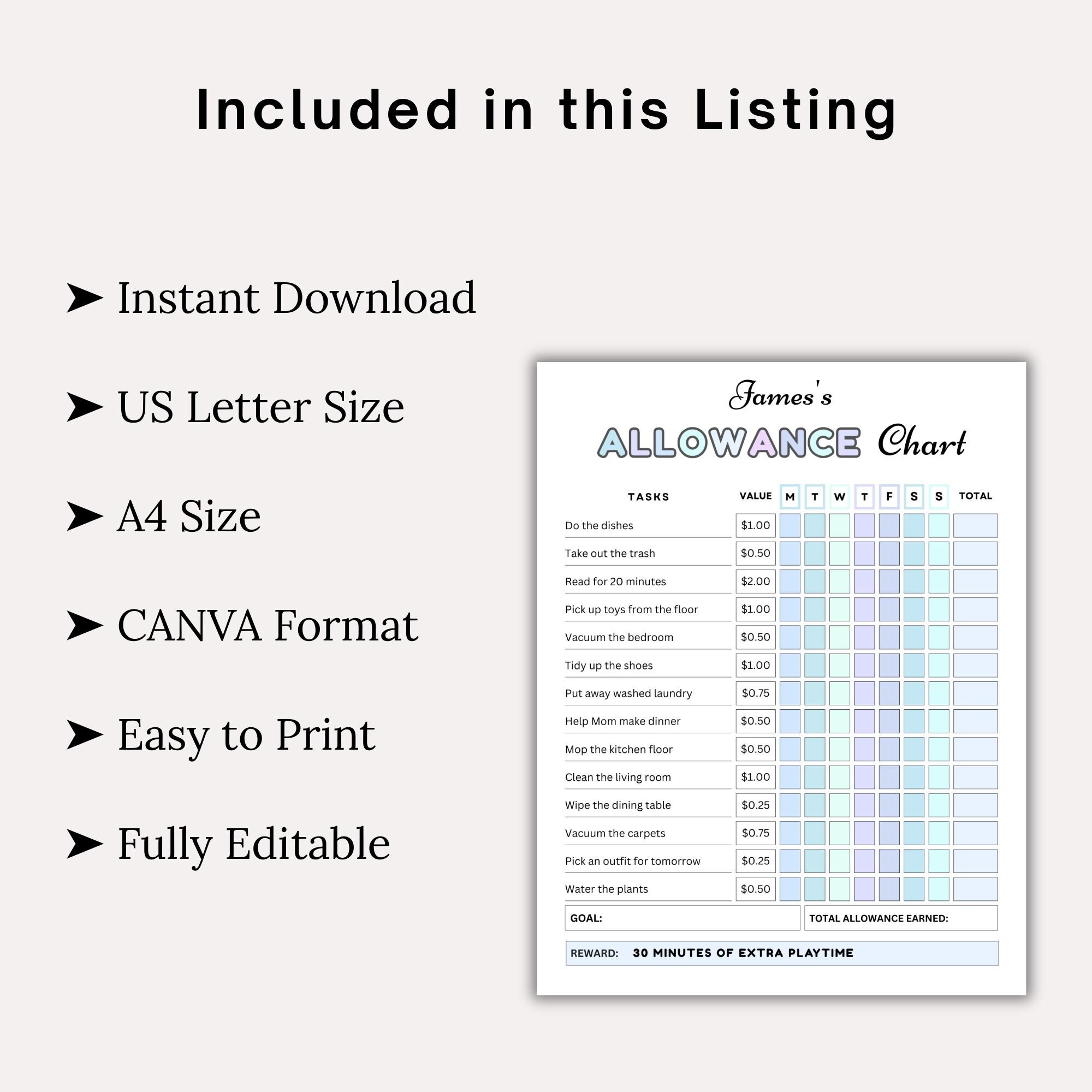 Allowance Chart for Kids, Allowance Chore Chart Printable, Allowance ...