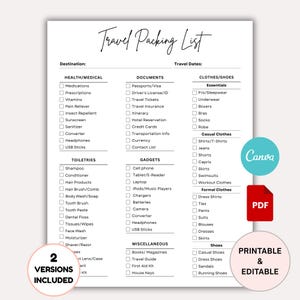 Travel Packing List: Vacation Planner, Checklist Canva & PDF