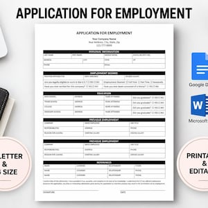 Può includere: Un modulo di domanda di lavoro stampabile e modificabile in bianco con testo nero. Il documento include sezioni per informazioni personali, impiego desiderato, istruzione, impieghi precedenti e referenze. Compatibile con Google Docs e Microsoft Word, disponibile nei formati US Letter e A4.