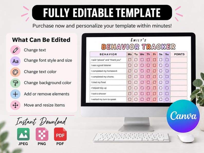Editable Canva Behavior Tracker for Kids, Printable Reward Chart (PDF ...