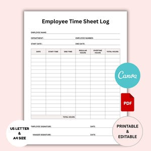 Employee Timesheet Printable: Weekly Work Hours Log (CANVA PDF, US Letter & A4 Sizes)