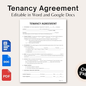 Può includere: Un documento bianco di contratto di locazione con testo nero, comprese sezioni per le parti, la proprietà, l'affitto e il deposito. Il documento è etichettato come "Editable in Word and Google Docs". Le icone per i file Word, DOC e PDF sono a sinistra.