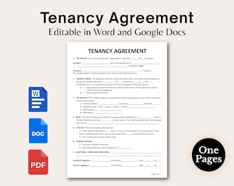 Printable Tenancy Agreement. Rental Agreement. Simple Tenancy Agreement Template. Tenancy Contract. Editable Word Document, PDF, Google Doc.