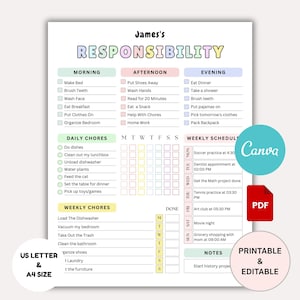 May include: A printable and editable responsibility chart with a pastel color scheme. The chart includes sections for morning, afternoon, and evening tasks, daily chores, weekly schedule, and weekly chores. The chart is labeled "James's Responsibility."