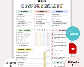 Editable Kids chore chart, Kids daily checklist canva, Editable responsibility chart, Weekly Responsibility List, PDF
