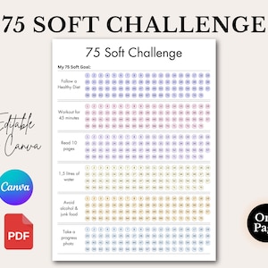 May include: A printable 75 Soft Challenge tracker with a white background. The tracker includes sections for diet, exercise, reading, water intake, avoiding alcohol, and taking progress photos. The text "75 Soft Challenge" is at the top.