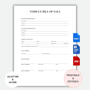 Editable Vehicle Bill of Sale Template, Printable Blank Auto Bill of Sale, Motor Vehicle Bill of Sale Form, Google Doc, Word Doc, PDF