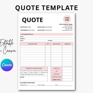 Op de afbeelding: Een offerte sjabloon met een roze en wit ontwerp. Het document bevat velden voor klantgegevens, een beschrijving van de diensten en een totaalbedrag. De teksten "QUOTE TEMPLATE" en "QUOTE" zijn prominent aanwezig. Bewerken in Canva.