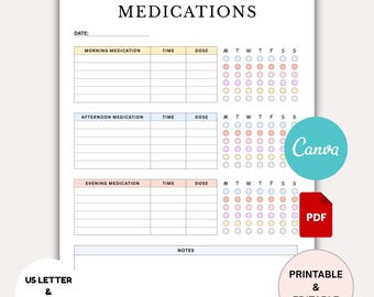 Weekly Medication Tracker Printable, Daily Medicine Log, Editable Canva Template, PDF Pill Schedule, Health Planner