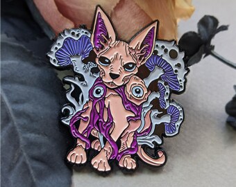 Spooky Sphynx Cat Enamel Pin | Creepy Pink Kitty | Mushroom Art
