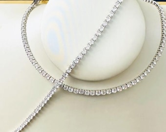 Silver Tennis Bracelet And Choker Necklace Set