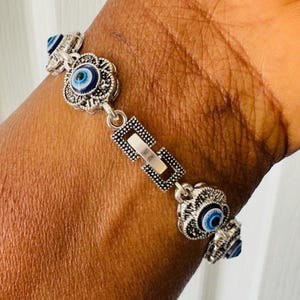Bold Sterling Silver Evil Eye Bracelet – Nazar Blue Charm Bracelet – Non Tarnish Waterproof Jewelry – Perfect Gift for Her – BareSilverUK