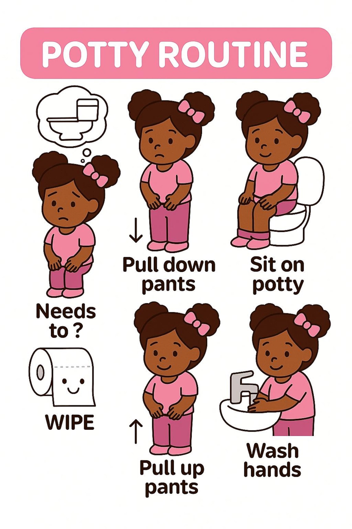 Potty Routine Visual Chart for Girls - Kids – Daycare Bathroom Wall ...