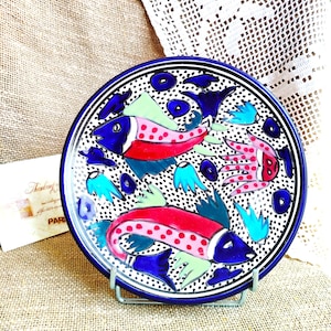 Vintage French Wall Plate with Hand-Painted Fish – Colorful Mid-Century Ceramic Plate – Boho Coastal Kitchen Decor