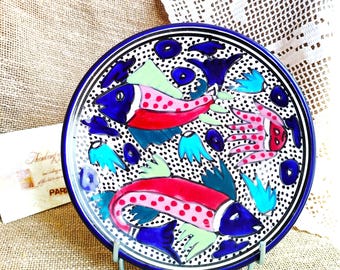 Vintage French Wall Plate with Hand-Painted Fish – Colorful Mid-Century Ceramic Plate – Boho Coastal Kitchen Decor