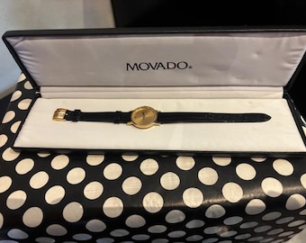 Movado Museum Gold Dial, Black Leather Strap, Women's Watch 24mm